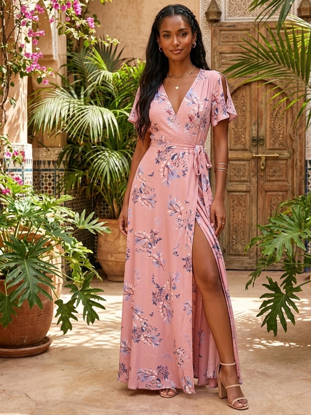 Lulus Fiorire Rose Floral Print Wrap Maxi Dress size small